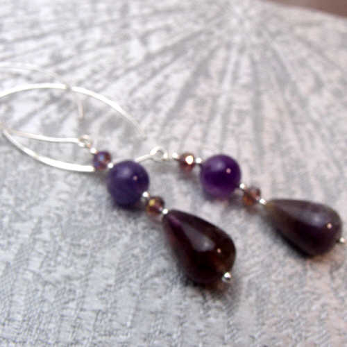 long drop statement earrings amethyst, unusual semi-precious bead statement jewellery handmade uk