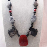 unusual bold black red statement necklace chunky red black semi-precious beads