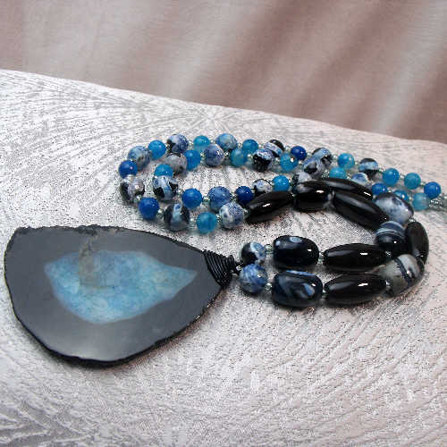 Long Chunky Blue Black Bead Statement Necklace, Chunky Agate