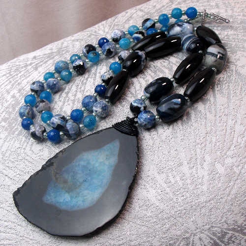 unique chunky semi-precious bead statement jewellery, long blue black chunky bead statement necklace