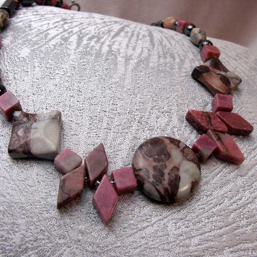 unique semi-precious bead necklace, handmade rhodonite hematite beaded semi-precious stone necklace