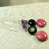 long semi-precious bead pink black statement earrings