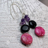 long drop earrings, unique handcrafted pink black earrings