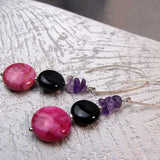 long handcrafted semi-precious bead earrings pink black
