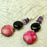 handcrafted semi-precious long earrings with black pink semi-precious beads