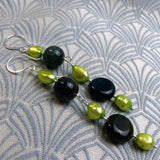 long semi-precious stone earrings, green black semi-precious earrings long length