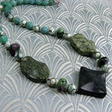 dark green jade semi-precious necklace, semi-precious stone earrings
