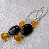 handmade jewellery sale, long drop earrings, black orange earrings