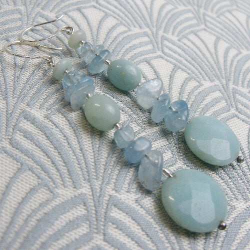 long blue semi-precious earrings, long semi-precious stone earrings handmade uk