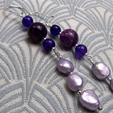 long semi-precious earrings handmade with pearls, long semi-precious stone earrings