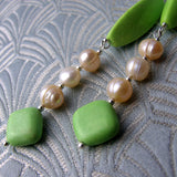 long green semi-precious stone earrings, long semi-precious earrings handmade green agate