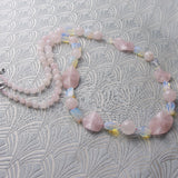 long rose quartz necklace, long pink beaded necklace, long semi-precious stone bead necklace