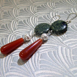 carnelian semi-precious stone earrings long  design, long carnelian earrings, long semi-precious earrings