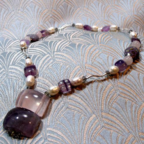 Pink semi-precious necklace, purple handmade necklace A232