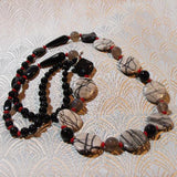 long black grey beaded necklace, long semi-precious stone bead necklace