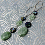 long drop handmade earrings uk, long green earrings, long drop quartz earrings