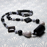 long black grey necklace, long beaded necklace, long semi-precious stone bead necklace