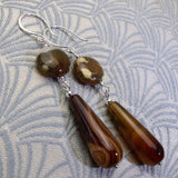 long brown semi-precious stone earrings, long brown semi-precious bead earrings