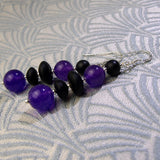 black purple beaded semi-precious earrings, black purple semi-precious stone bead earrings