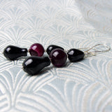 long black pink semi-precious stone earrings, semi-precious bead earrings pink black 