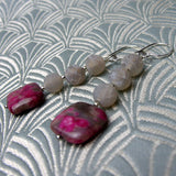 long pink grey semi-precious bead earrings, long semi-precious stone earrings uk