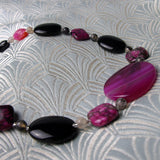 pink black necklace, black pink gemstone bead necklace