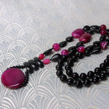 long black pink semi-precious stone bead necklace, long black pink beaded necklace handmade uk