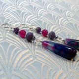 long purple semi-precious stone earrings, long purple semi-precious earrings handmade uk