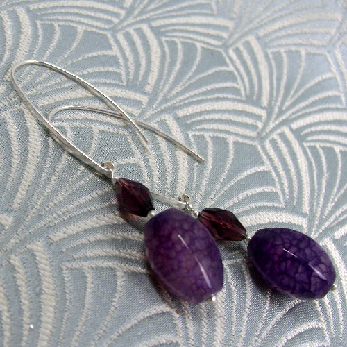 long purple statement earrings, semi-precious stone earring jewellery, long drop earrings, handmade earrings