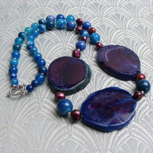 blue chunky necklace, handmade semi-precious stone necklace, chunky handmade necklace uk