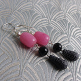 pink black long handmade earrings, long semi-precious earrings