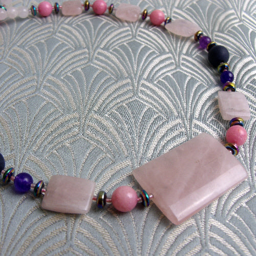 pink semi-precious gemstone jewellery necklace, handmade rose quartz necklace uk, unique handmade necklace