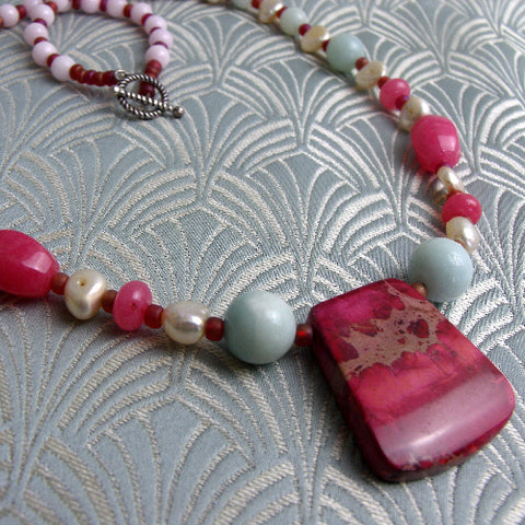 Pink semi-precious necklace, Pink handcrafted necklace CC69