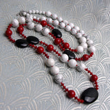 long handmade necklace, long black red white necklace, long necklace