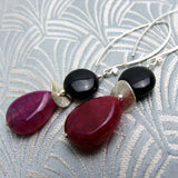 handmade semi-precious stone jewellery unique design, handmade earrings, long earrings, pink black earrings