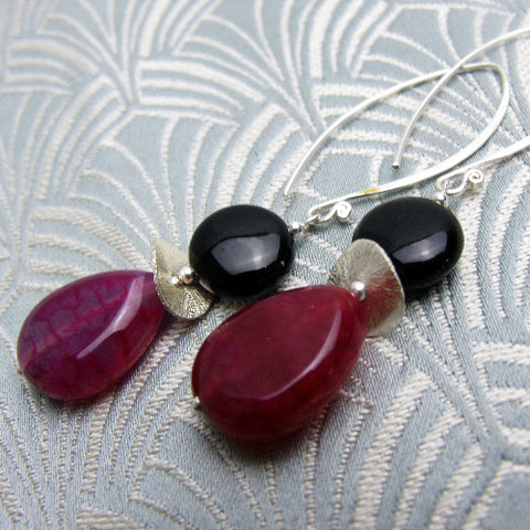 Long drop earrings, semi-precious stone jewellery handmade UK. long pink black handmade earrings CC84