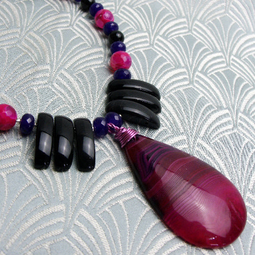 pink black necklace, unique handmade jewellery, handmade semi-precious stone necklace jewellery