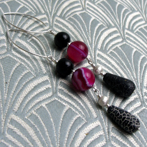 long drop pink black earrings, unique handmade jewellery, long handmade semi-precious stone earrings