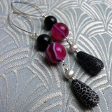 long pink black drop earrings