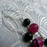 long drop earrings black pink semi-precious beads