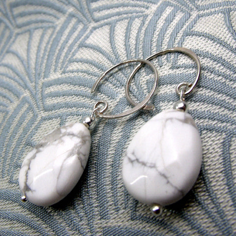 White semi-precious stone drop earrings, handmade semi-precious gemstone jewellery earrings DD1