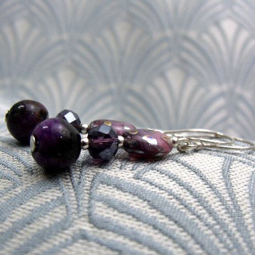 purple drop earrings, handmade jewellery uk, semi-precious stone earrings