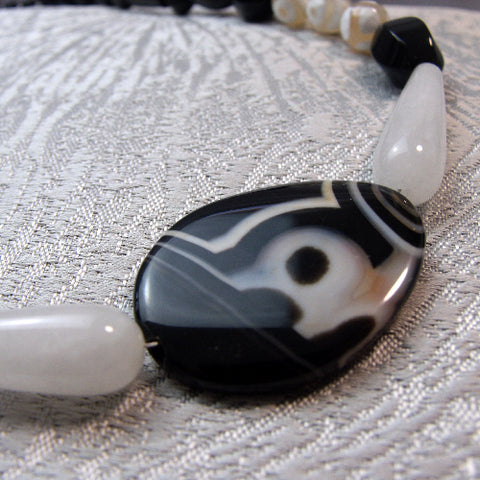 unusual semi-precious stone necklace, black white bead necklace A21