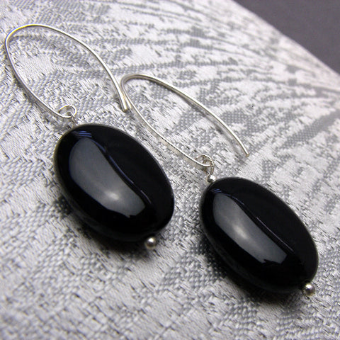 Long Semi-Precious Stone Earrings, Long Black Bead Earrings A44