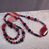 long chunky semi-precious bead necklace jewellery, black pink semi-precious stone necklace
