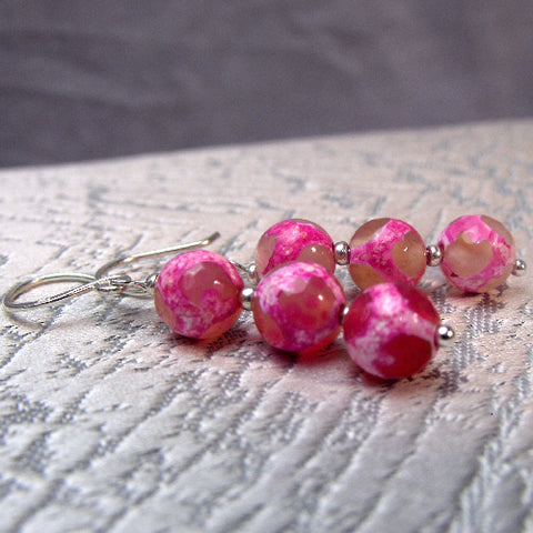Beaded semi-precious stone earrings, pink semi-precious bead earrings, semi-precious  beaded earrings A64