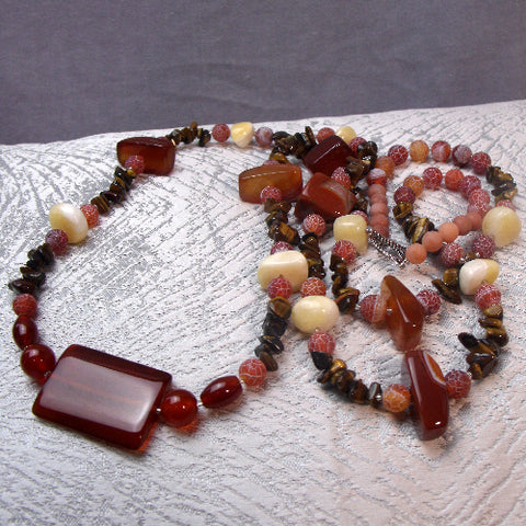 Long brown semi-precious stone necklace, long beaded necklace, long semi-precious bead necklace A42