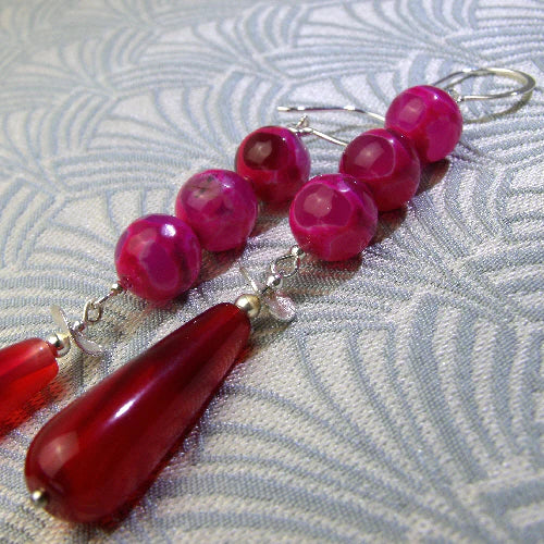 long handmade earrings, long pink drop earrings. long semi-precious earrings uk