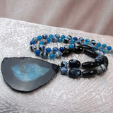 unique long chunky blue black semi-precious bead statement necklace