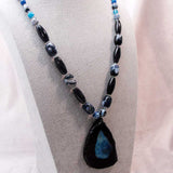 long statement necklace chunky bead design chunky blue black semi-precious beads